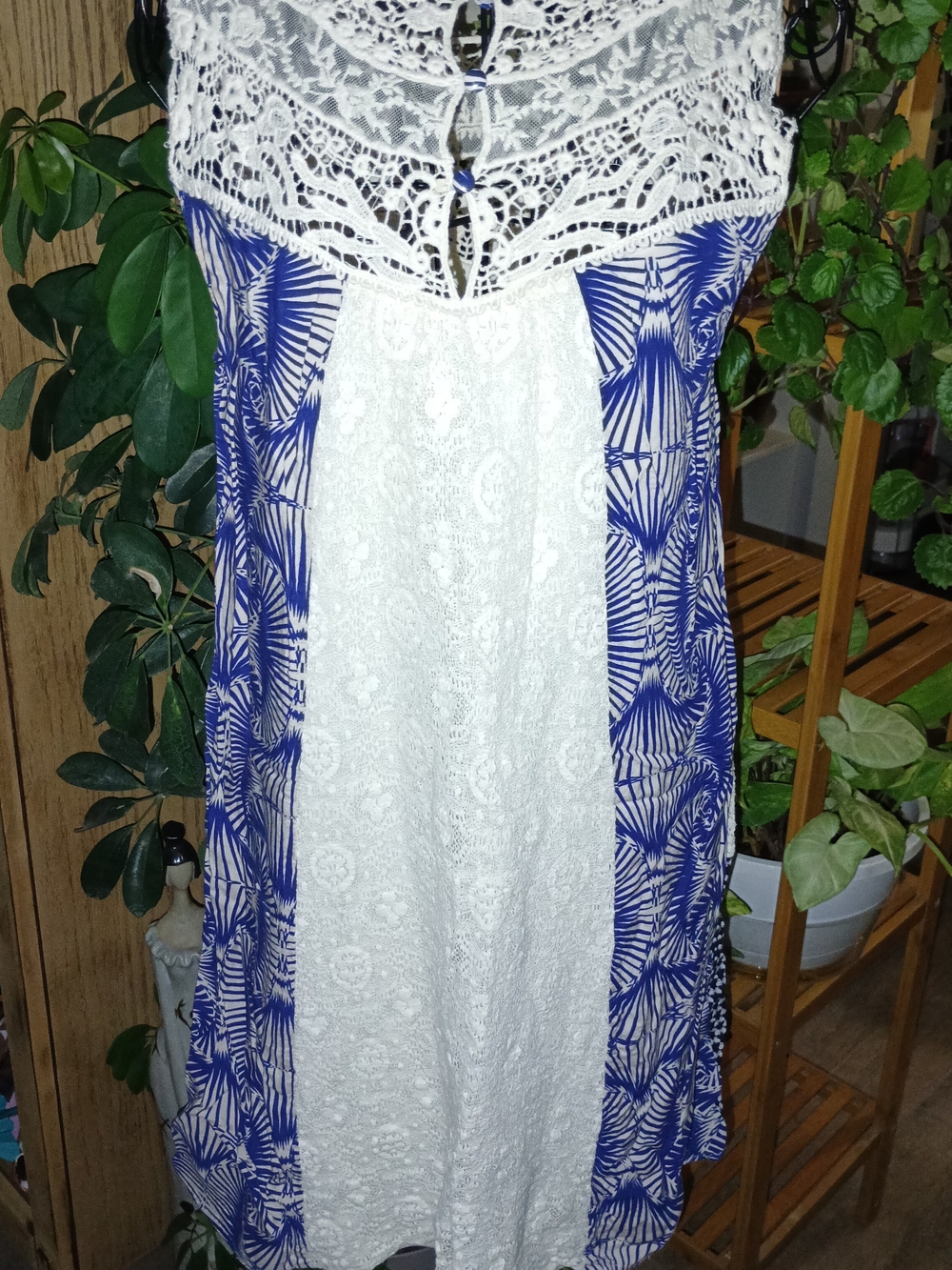 Lace-Panel White and Blue Summer Dress